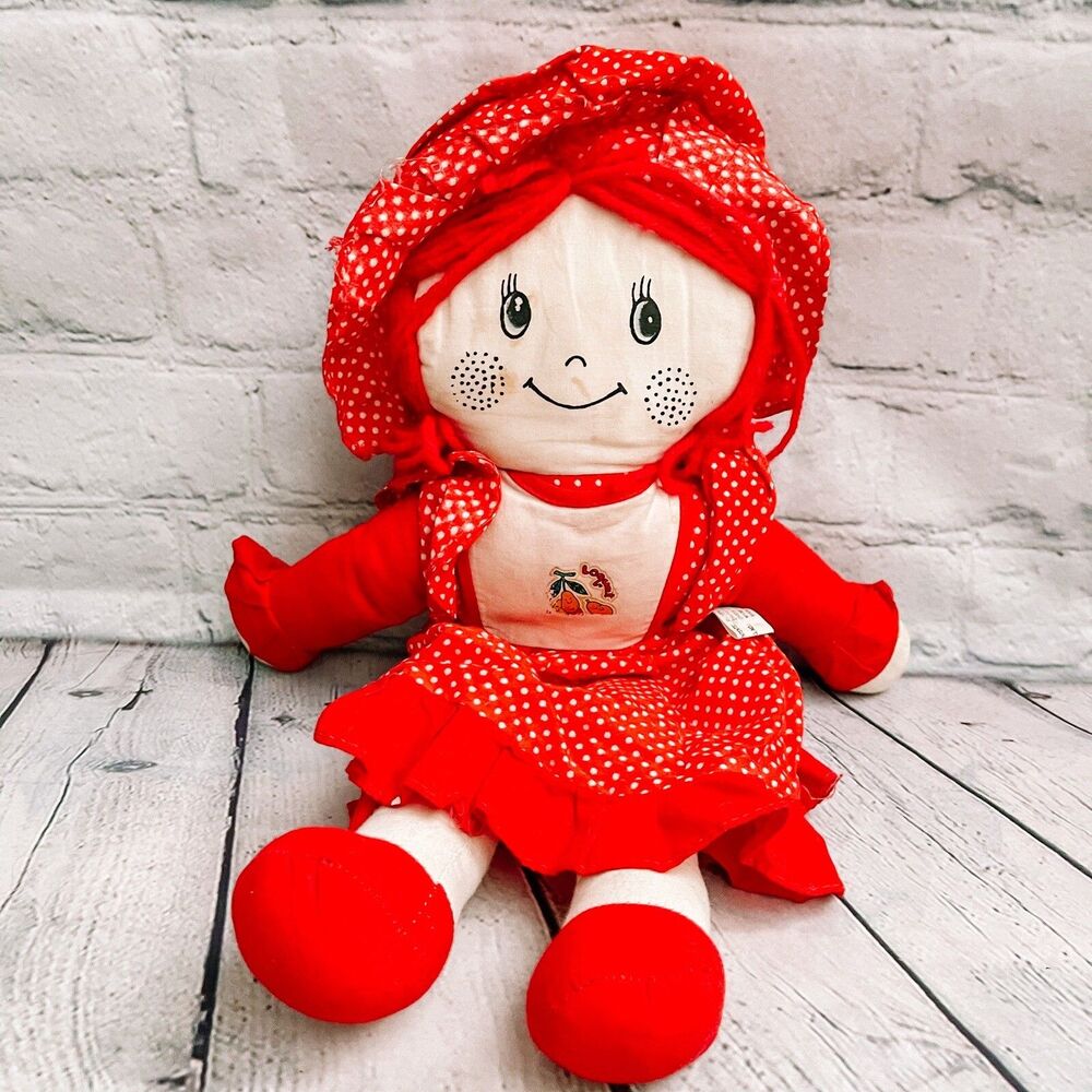 Vtg CS International Rag Doll Plush Red Polka Dots Yarn hair 15” Loquat dress